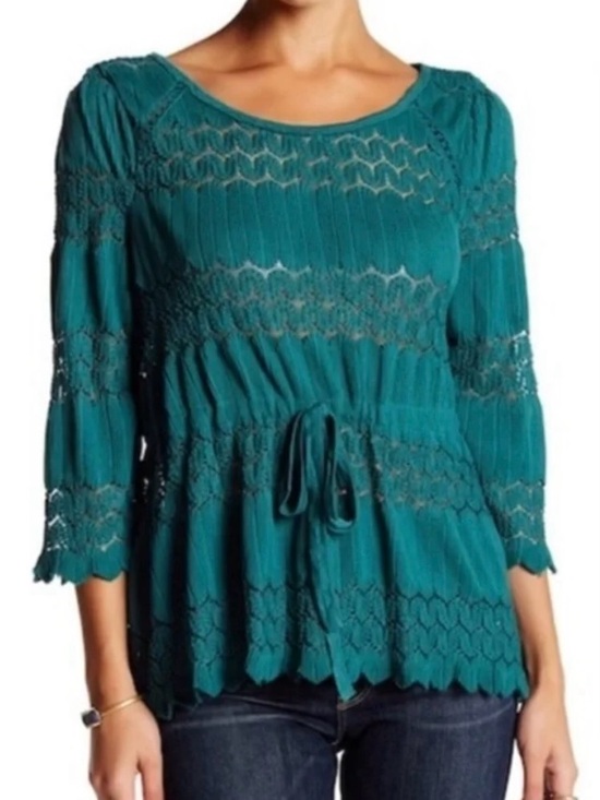 Free People Tops - FP Fire Island Green Crochet Lace 3/4 Sleeve Blouse XS Drawstring Waist Boho